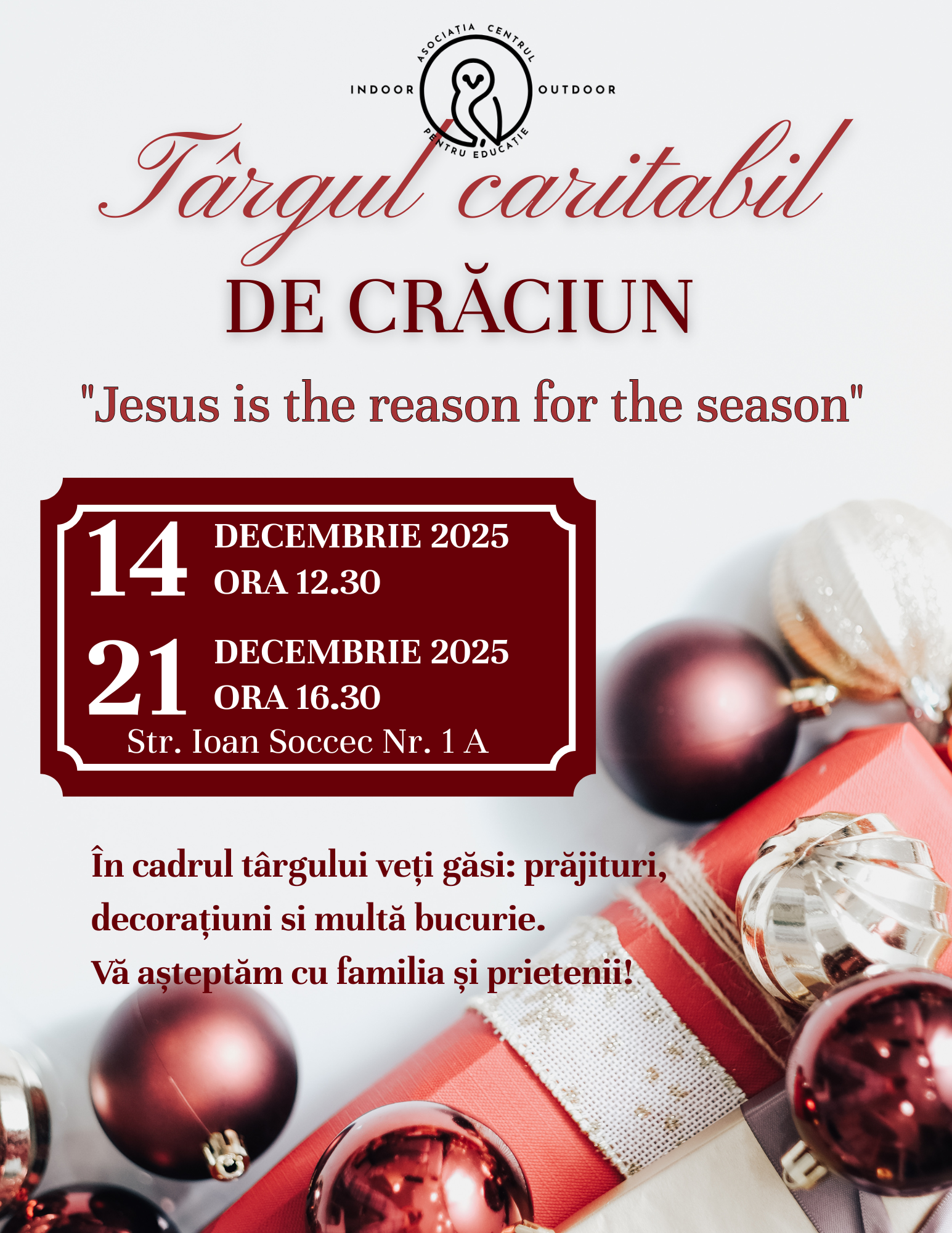 Afișul Târgului caritabil de Crăciun ACPEIO, cu globuri, cadouri și detalii despre date, oră și locație, invitând familiile să se implice prin donații.