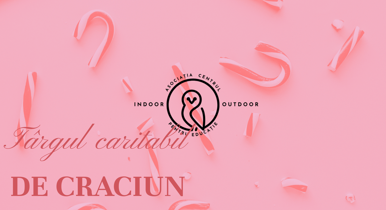 Bannerul Târgului caritabil de Crăciun ACPEIO, cu bastonașe de zahăr și logo-ul asociației, care promovează educația prin bunătate și generozitate.