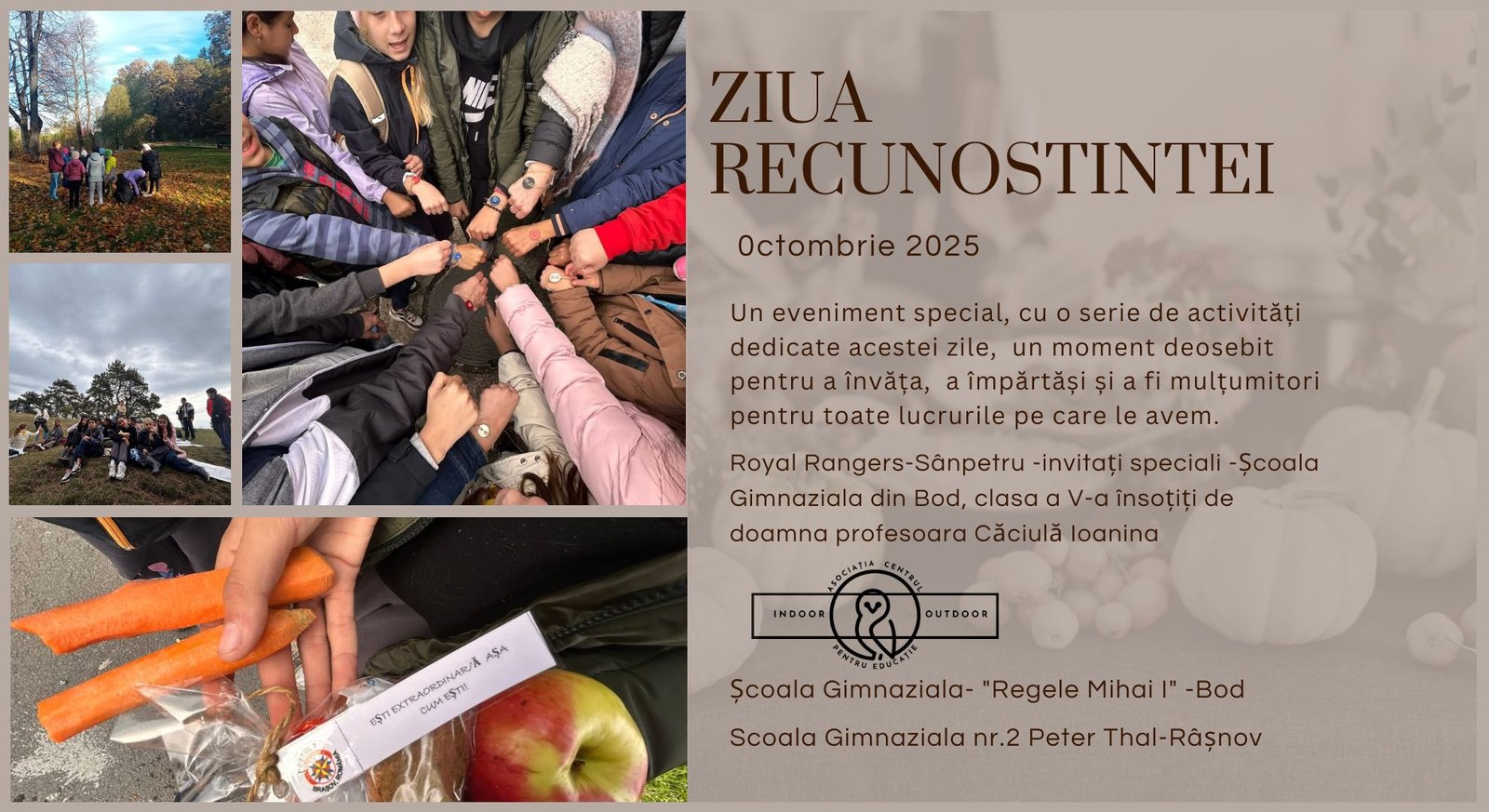 Copii, profesori și voluntari participând la evenimentul „Ziua Recunoștinței” ACPEIO, cu activități educaționale și invitați speciali de la Royal Rangers Sânpetru și Școala Gimnazială Bod.