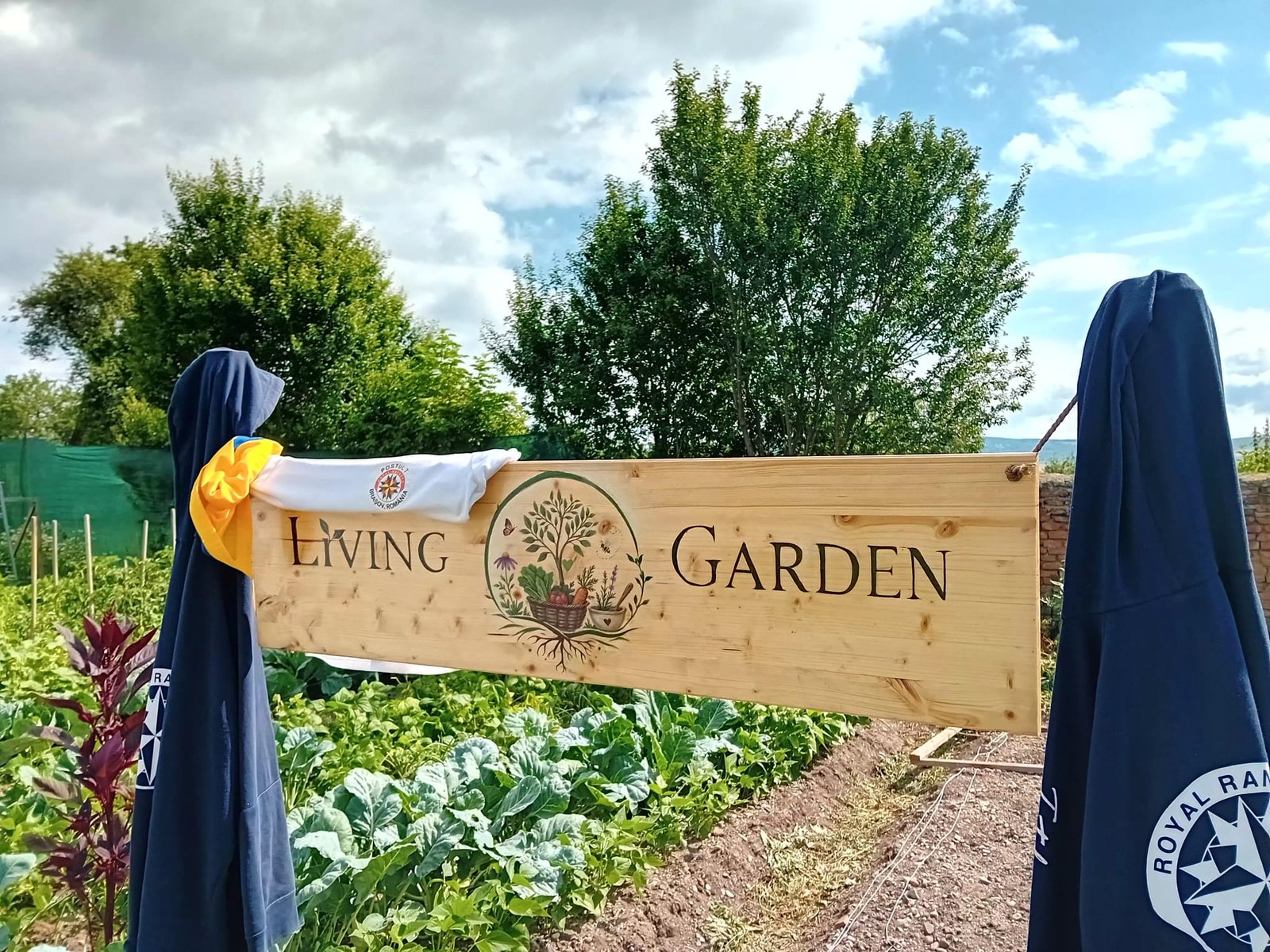 Panou din lemn cu inscripția Living Garden și un desen pictat cu legume și plante, la intrarea în grădina educațională Grădina Vie a Asociației ACPEIO